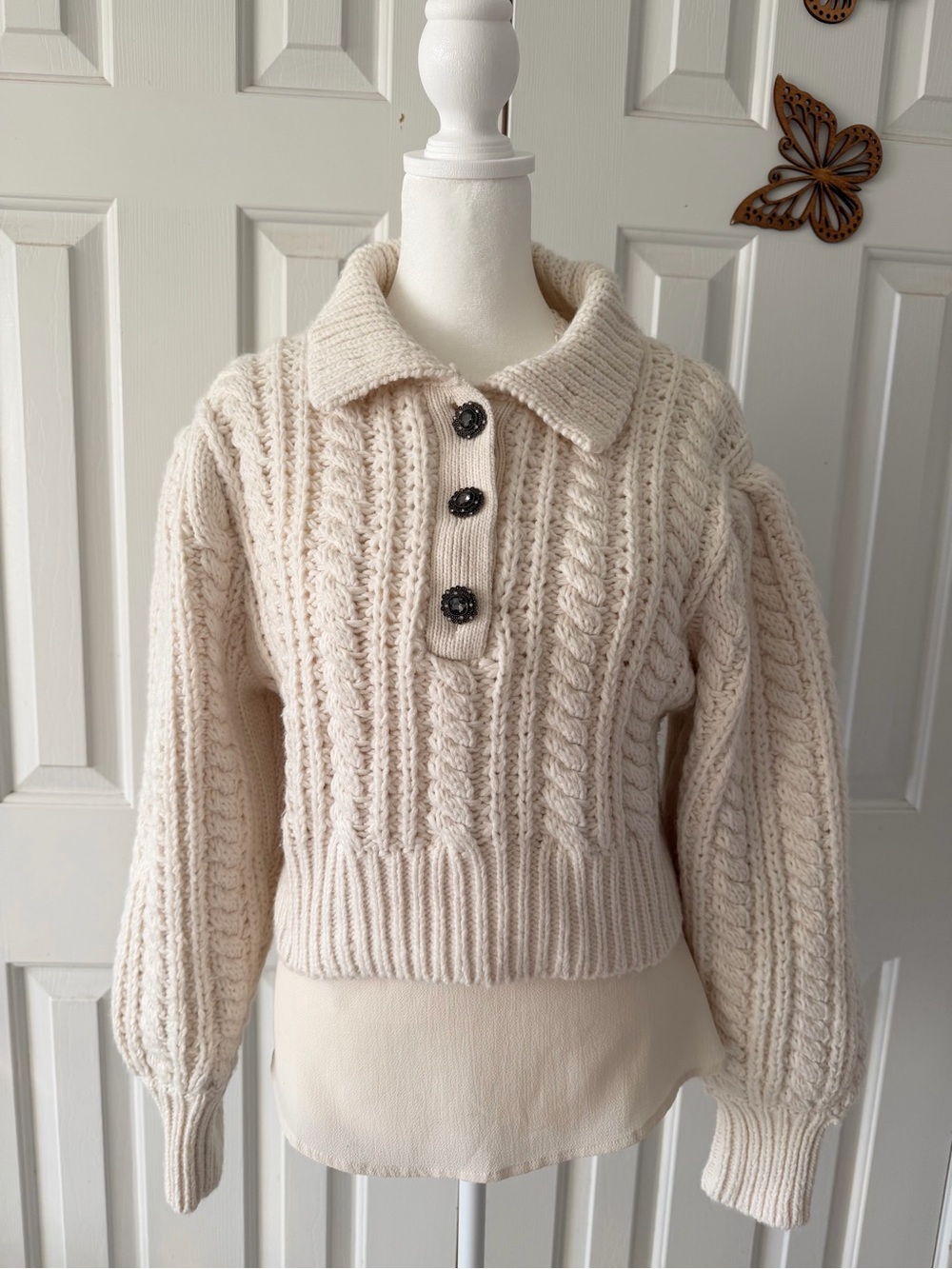 Zara Cream Cable-Knit Collared Pullover with Button Placket